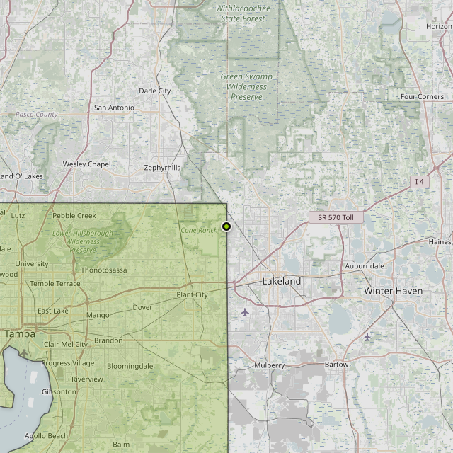 Map showing Hillsborough County around Lakeland, FL