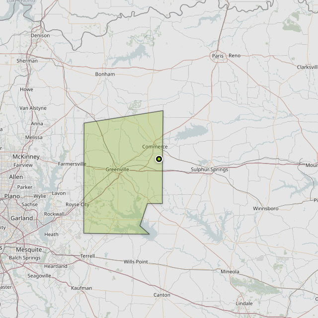 Map showing Hunt County around Commerce, TX