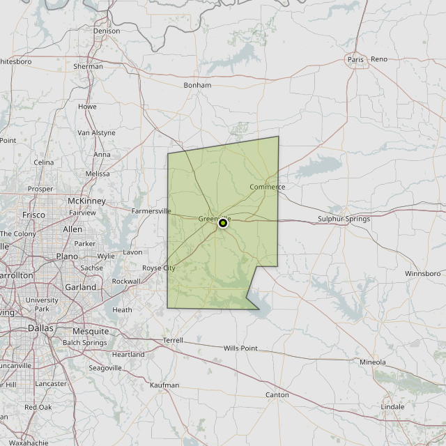 Map showing Hunt County around Greenville, TX