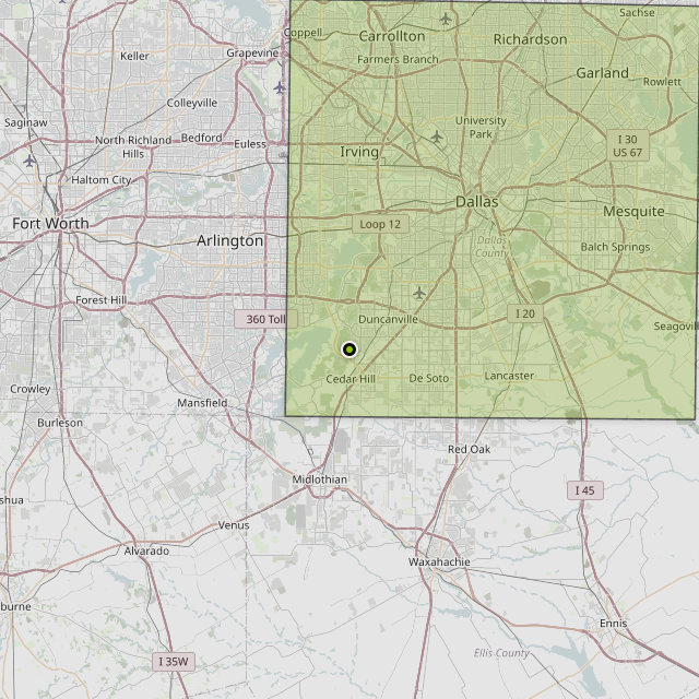 Map showing Dallas County around Cedar Hill, TX