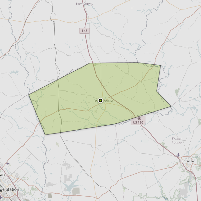 Map showing Madison County around Madisonville, TX