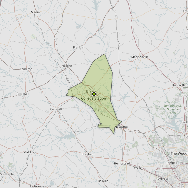 Map showing Brazos County around Bryan, TX