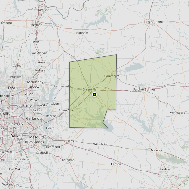 Map showing Hunt County around Greenville, TX
