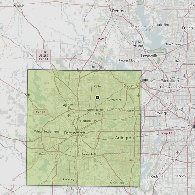Map showing Tarrant County around North Richland Hills, TX