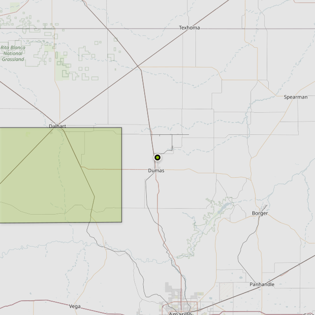 Map showing Hartley County around Dumas, TX