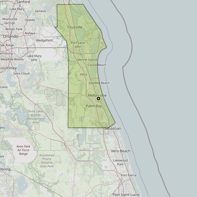 Map showing Brevard County around Palm Bay, FL