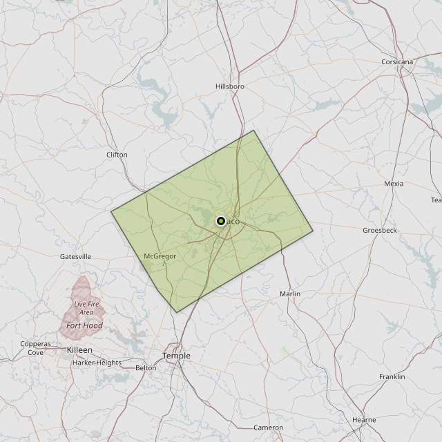 Map showing McLennan County around Waco, TX