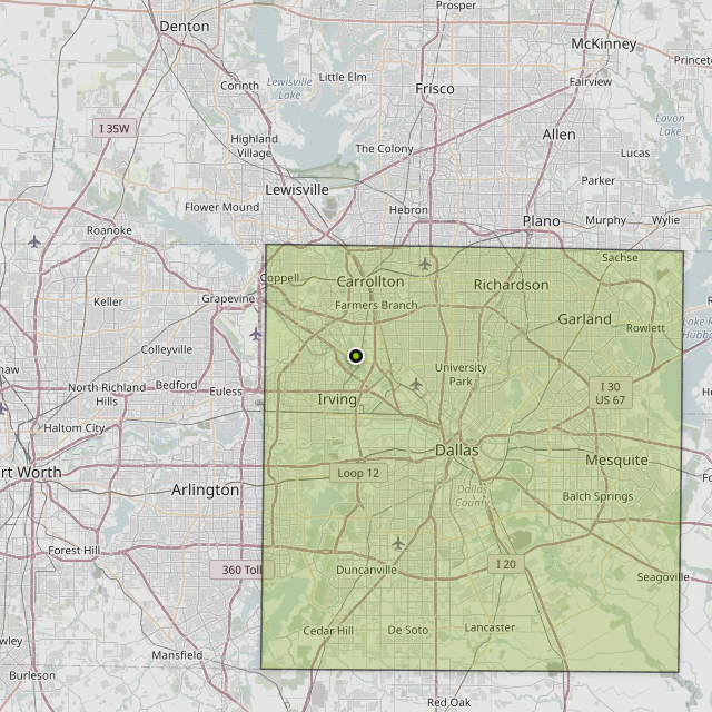 Map showing Dallas County around Dallas, TX