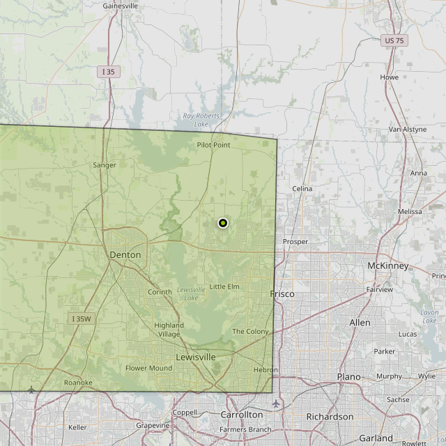 Map showing Denton County around Aubrey, TX