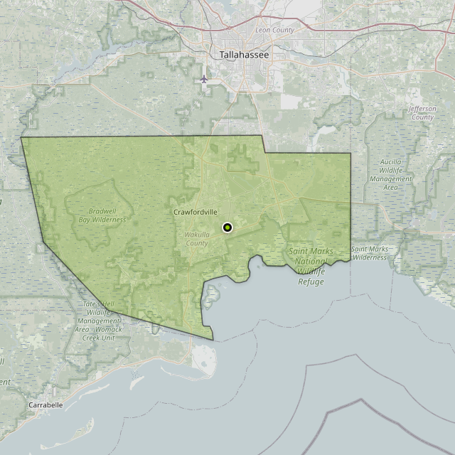 Map showing Wakulla County around Crawfordville, FL