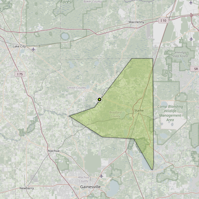 Map showing Bradford County around Lake Butler, FL