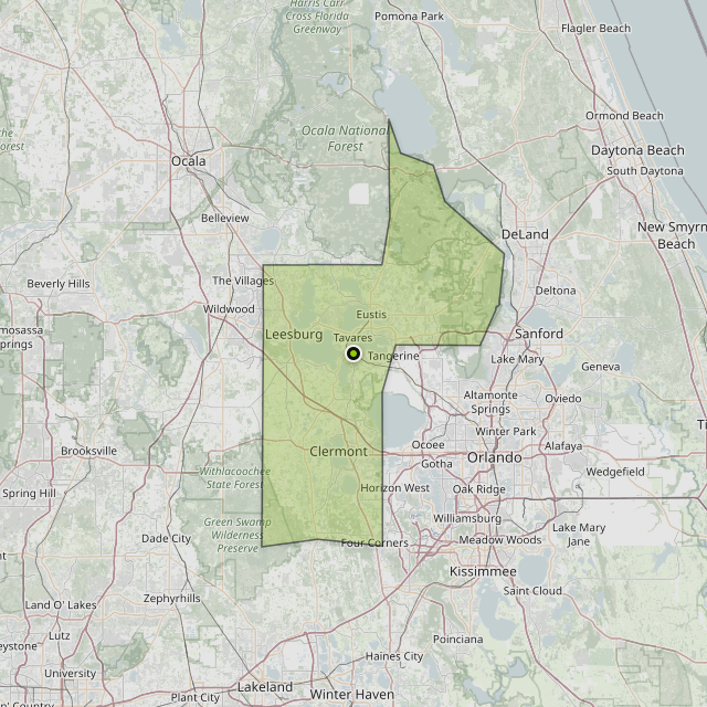 Map showing Lake County around Tavares, FL
