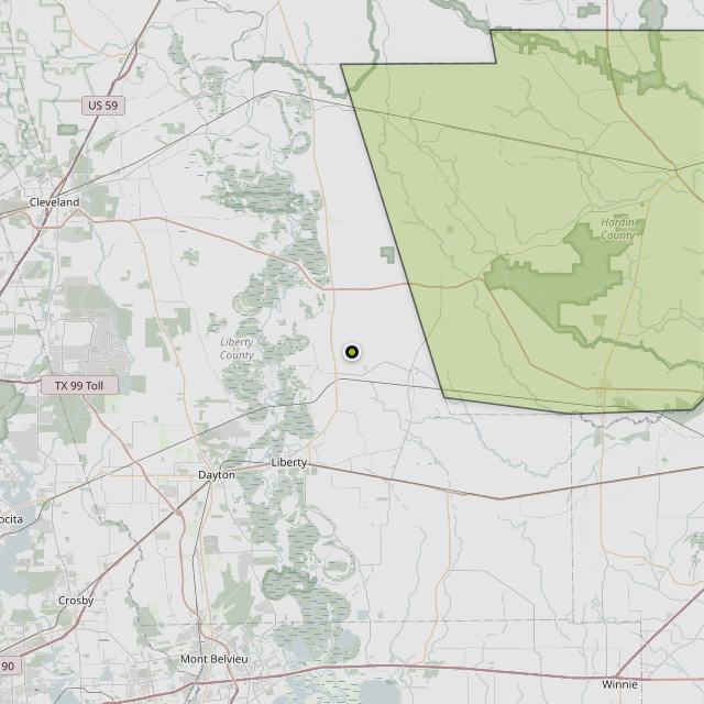 Map showing Hardin County around Hull, TX