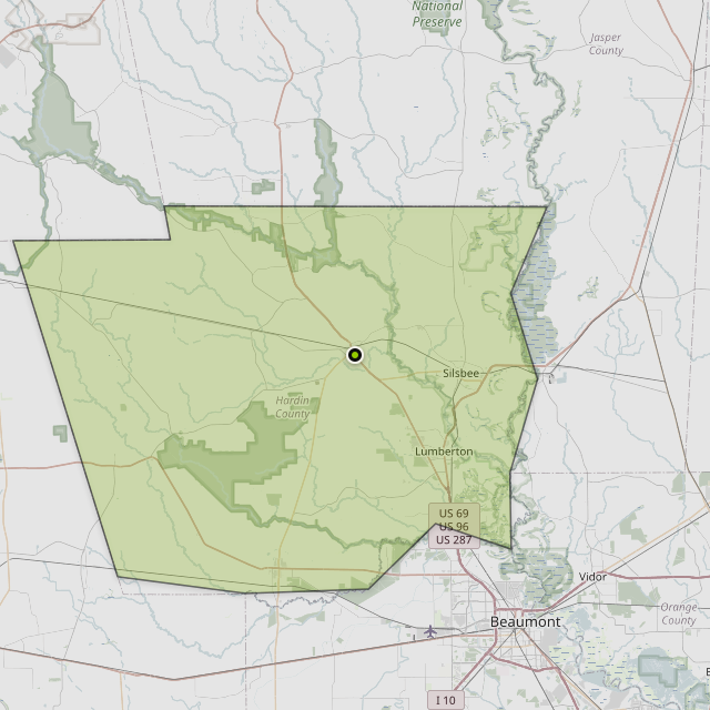 Map showing Hardin County around Kountze, TX