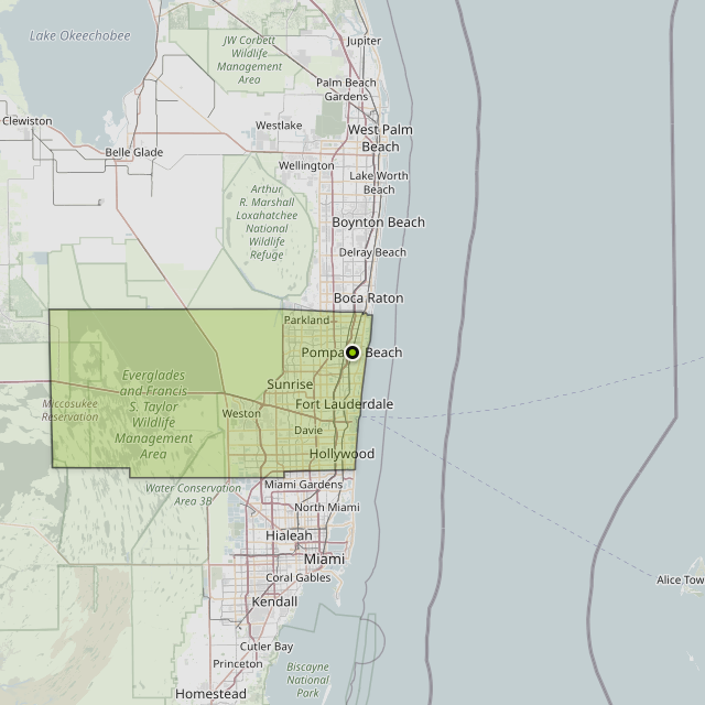 Map showing Broward County around Pompano Beach, FL