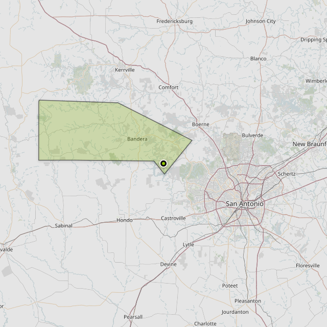 Map showing Bandera County around Lakehills, TX