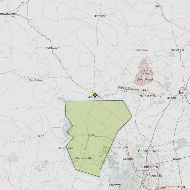 Map showing Burnet County around Lampasas, TX