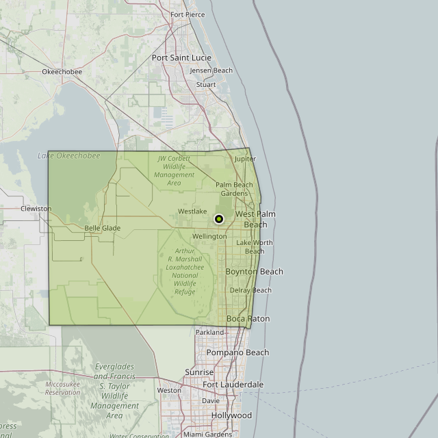 Map showing Palm Beach County around West Palm Beach, FL