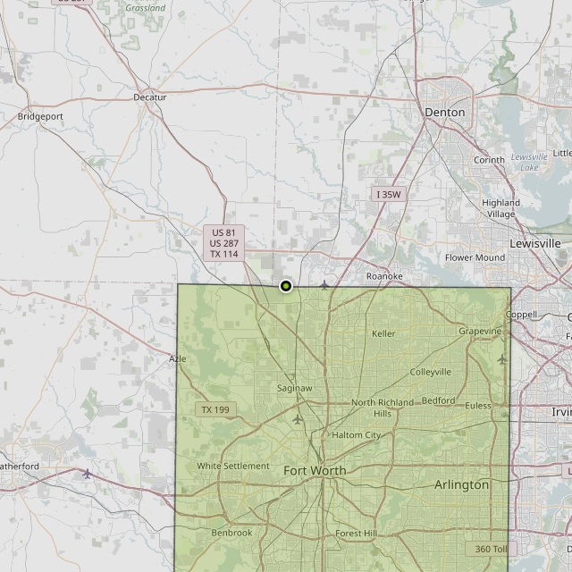 Map showing Tarrant County around Fort Worth, TX