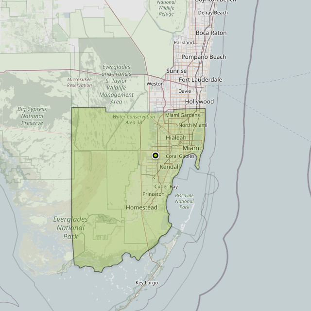 Map showing Miami-Dade County around Miami, FL