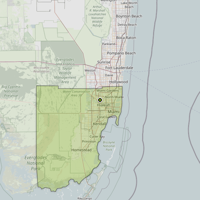 Map showing Miami-Dade County around Hialeah, FL