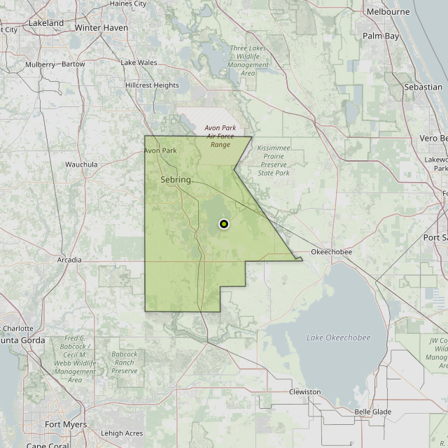 Map showing Highlands County around Lake Placid, FL