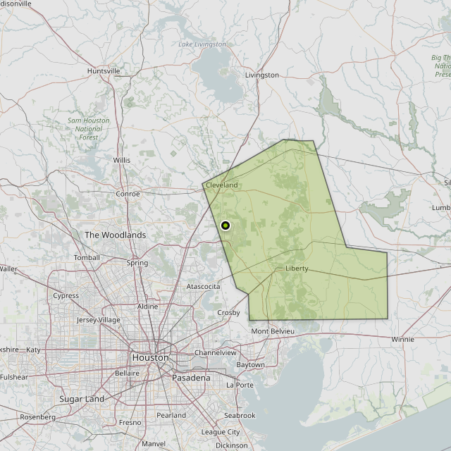 Map showing Liberty County around Cleveland, TX