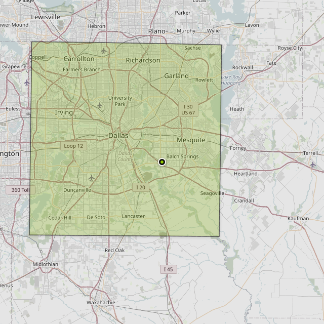 Map showing Dallas County around Dallas, TX
